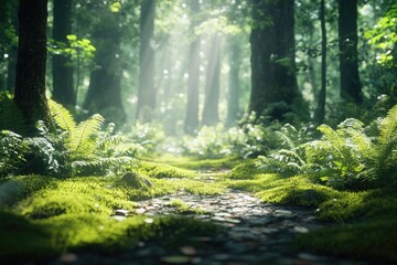 A serene forest pathway covered in lush green moss and ferns, illuminated by dappled sunlight filtering through tall, majestic trees.
