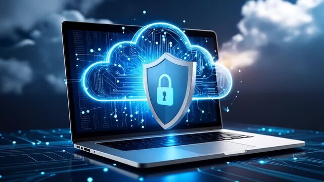A laptop displays a glowing cloud with circuit patterns, a shield, and a lock, symbolizing data security. Background has sky