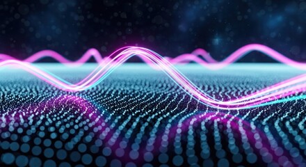 Abstract Neon pink/cyan waves over dotted field, bokeh background, digital art