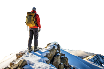 traveler with backpack on snowy mountain peak - isolated on a white background PNG. GENERATIVE AI
