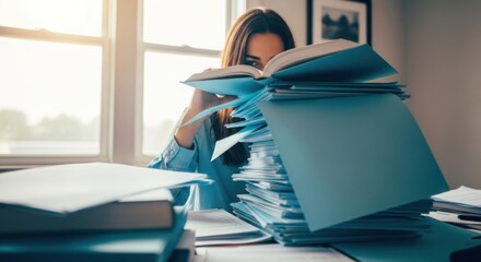 Focused woman immersed in paperwork, surrounded by a large stack of documents