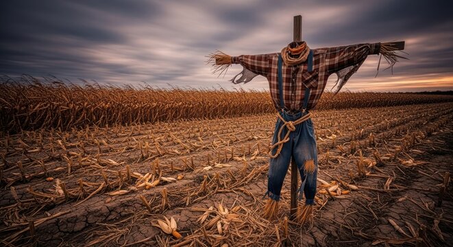 Autumnal scarecrow stands lonely in a harvested cornfield under cloudy sky - Powered by Adobe