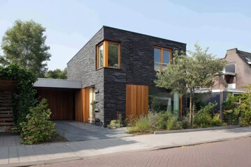 Fototapeta premium Modern architecture featuring a stylish house with a stone facade and wooden accents in an urban neighborhood during a clear day