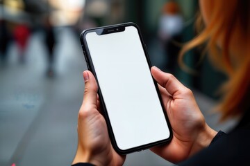 Cyber monday concept. Pov close up view photo of female hands holding smart telephone with blank empty display and black card with bonus certificate