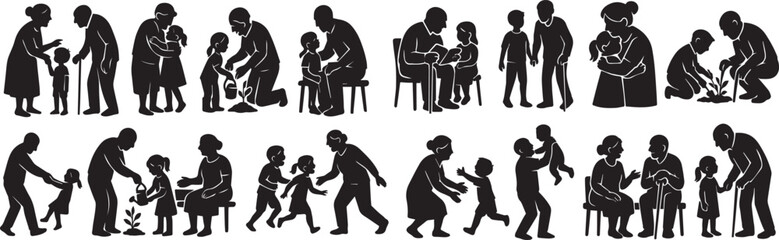 Collection of Simple Black Silhouettes:  Families, Generations, and Intergenerational Connections.