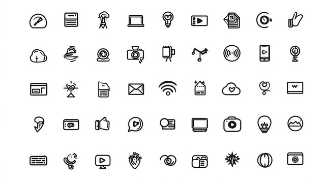 Collection of simple, outlined icons representing various digital and communication tools.