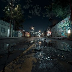 A city at night. In the distance, several tall buildings and others smaller with a lot of graffiti. The ground surface is weathered asphalt, with potholes and reflected lights in scattered puddles.