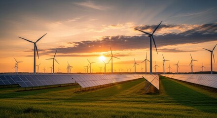 Golden sunset over wind turbines and solar panels