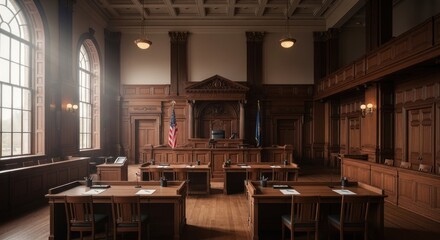 Grand courtroom, sunlit, rich wood paneling
