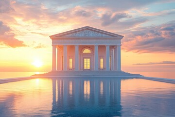Obraz premium Architectural wonder by the sea, bathed in the warm glow of a breathtaking sunset reflecting on the water.