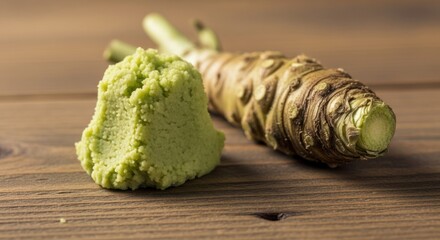 Green paste mound beside a root, on wood