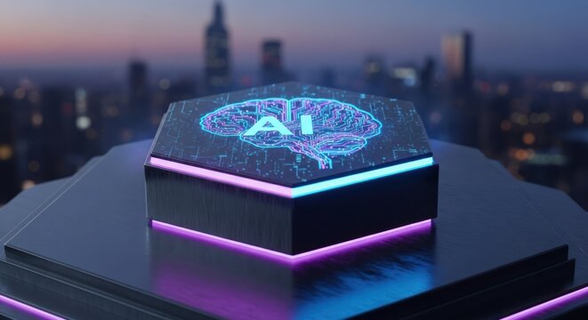 Futuristic AI brain symbol on a hexagonal platform over a city skyline