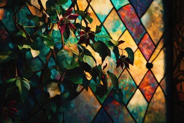 Deep red flowers and verdant foliage overlay a geometric stained-glass background, creating a harmonious blend of nature and art.