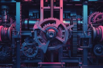 Intricate machinery with gears, shafts, and frames, bathed in neon lights, highlighting the complexity and precision of its mechanical design.