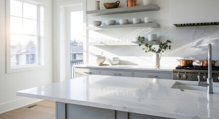 Bright kitchen island, open shelves, marble backsplash
