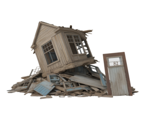 Destroyed house rubble isolated on white background showing broken and weathered structure
