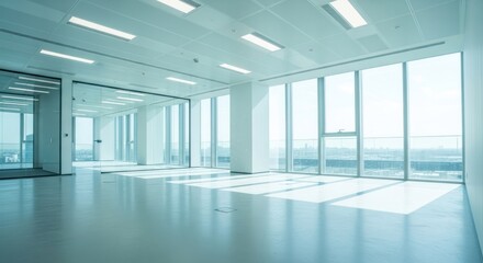 Bright, empty office space with large windows and light streaming in