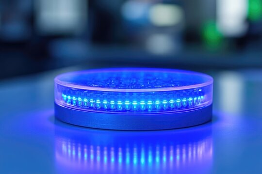 A round, glowing blue light emitting from a futuristic-looking device with a clear top, resting on a reflective blue surface.