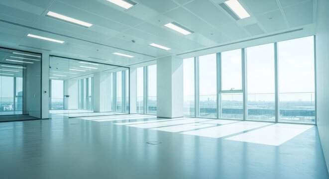 Bright, empty office space with large windows and light streaming in