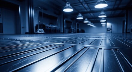 Industrial workspace, low angle view of a metal floor