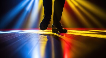 Low-angle view of a person's feet dancing in bright spotlights