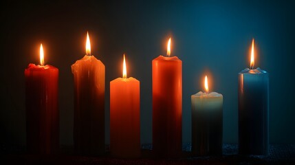 Lit candles in various colors against a dark backdrop.