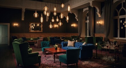 Grand, dimly lit lounge with rich fabrics and hanging lights