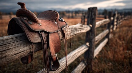 Brown leather saddle rests atop a rustic wooden fence in a field