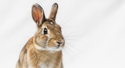 Obraz premium Brown rabbit portrait, ears perked, white backdrop, soft lighting, looking right