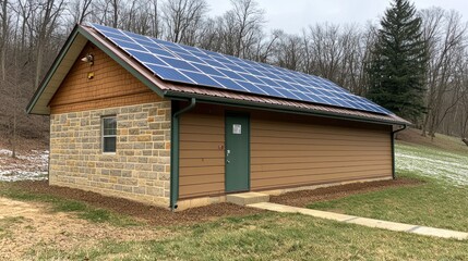 Obraz premium Building with solar panels on roof in landscape