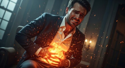 Man in suit, intense abdominal pain, fire