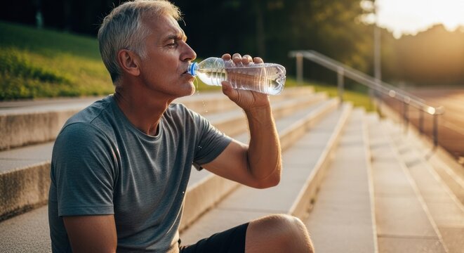 Mature man drinking water after outdoor exercise