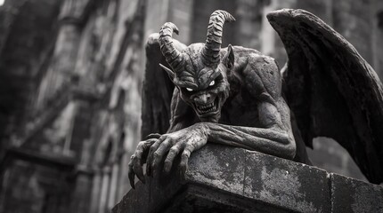 Dark and dramatic close-up of a terrifying stone gargoyle with glowing eyes, horns, wings, and sharp claws perched on a gothic cathedral, symbolizing horror, mythology