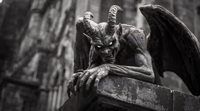 Dark and dramatic close-up of a terrifying stone gargoyle with glowing eyes, horns, wings, and sharp claws perched on a gothic cathedral, symbolizing horror, mythology - Powered by Adobe