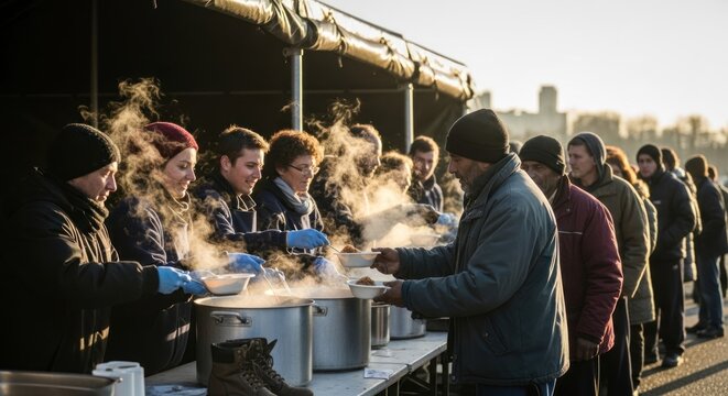 Outdoor soup kitchen.  Long line of people receiving hot food from large stainless steel pots. Steam rises.  Volunteers in gloves dish out meals