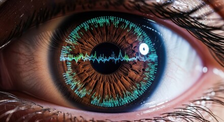 Close-up human eye with brown iris, reflecting a green digital waveform pattern