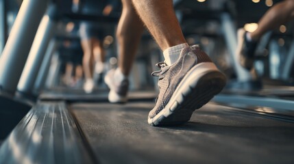 Gym scene, person running on a treadmill, close-up on shoes and legs