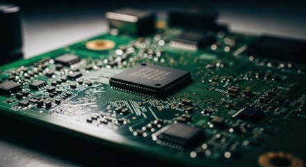 Close-up of a green printed circuit board with an integrated circuit