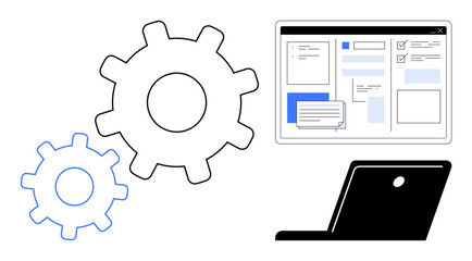 Gears beside a laptop screen showing organized workflow panels and checklists. Ideal for technology, process management, productivity, software, automation, innovation, teamwork. Simple flat metaphor