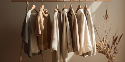 Winter clothing hanging on a minimalist wooden rack, in beige, camel and cream tones, soft lighting, neutral background, luxury fashion aesthetic
