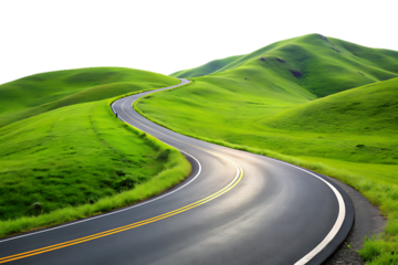 Winding asphalt road through green hills - isolated on a white background PNG. GENERATIVE AI