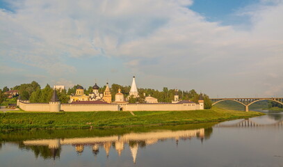 The ancient Assumption Monastery on the banks of the Volga River in the ancient Russian town of Staritsa