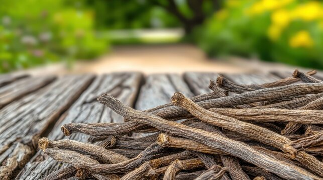 Dried Vanilla Beans On Rustic Wooden Table Outdoors. Natural Vanilla Pods For Culinary Use