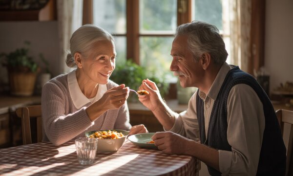 Senior couple sharing a meal, happy expressions