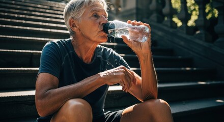 Senior woman resting on steps, drinking water