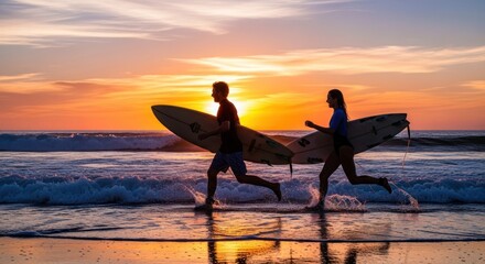 Silhouetted surfers running into sunset. Two people, a man and a woman, carry surfboards as they sprint towards the ocean. Golden hour light paints the sky and water. Waves crash gently