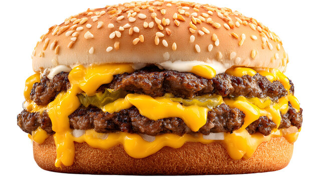 Double cheeseburger isolated on transparent background- two juicy beef patties, double layers of melted cheddar cheese, pickles, onions, and a special burger sauce, served on sesame bun