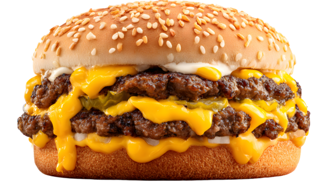 Double cheeseburger isolated on transparent background- two juicy beef patties, double layers of melted cheddar cheese, pickles, onions, and a special burger sauce, served on sesame bun