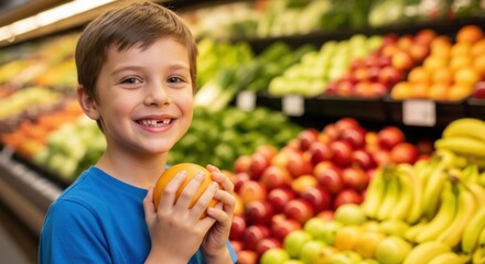 Smiling boy holding an orange in a grocery store