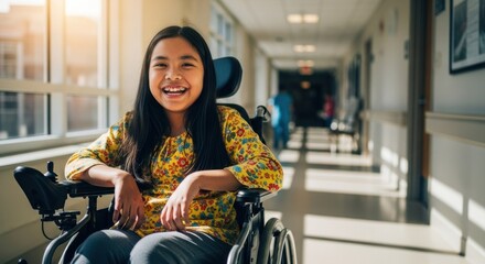 Smiling girl in wheelchair, hospital hallway